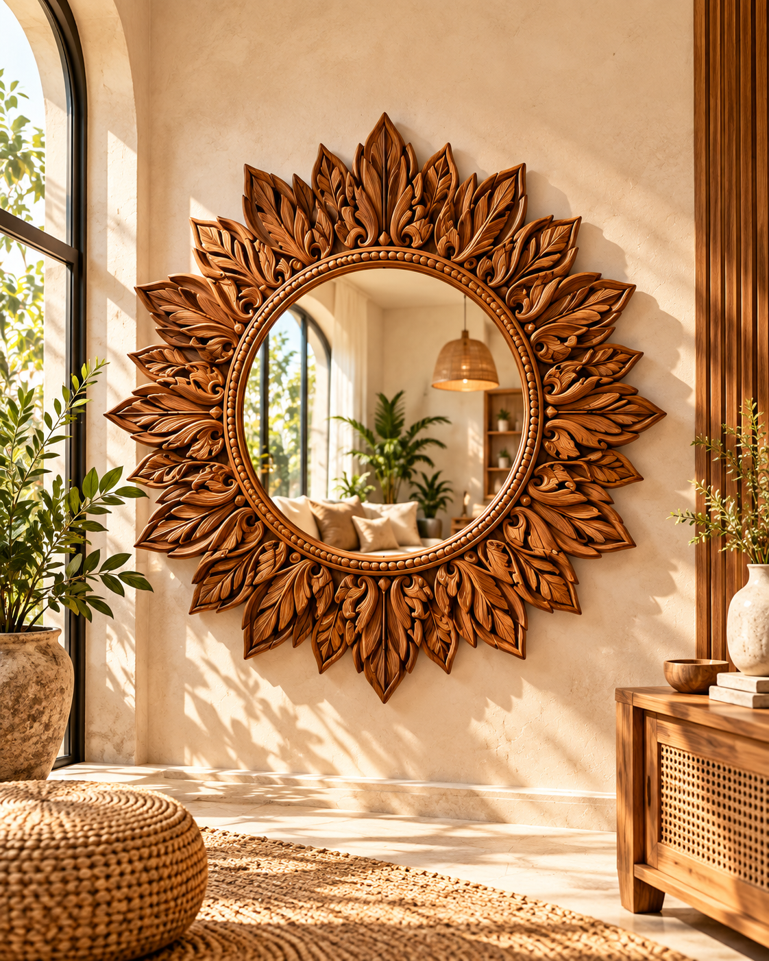 Cermin sunburst ukiran kayu